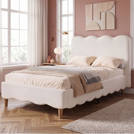 Cama infantil 90 x 200 cm con somier, cabecero tapizado en bouclé blanco OKMYHOME (1/5)