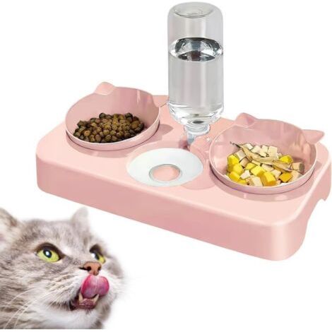 BUNTHAUS PA Gamelle 3 en 1 pour Chats Distributeur de Croquettes Mangeoire et Abreuvoir Double Rose (1/4)
