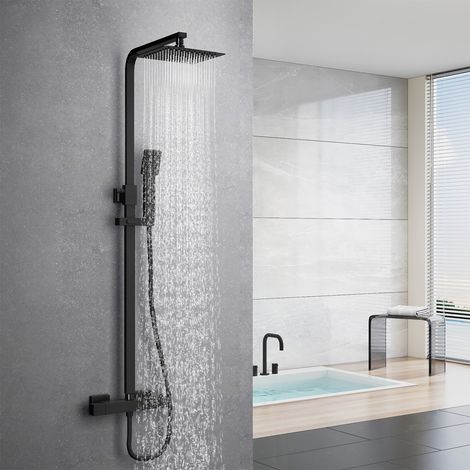 Heilmetz Sistema de Ducha Negro con Termostato Conjunto de Ducha de Lluvia, Columna de Ducha de Acero Inoxidable 304 con Cabezal de Ducha y Teleducha, Ducha de Lluvia Angular Barra de Ducha Ajustable (1/5)
