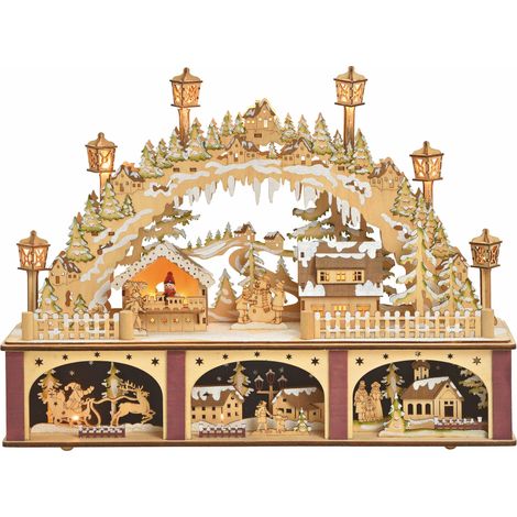 XL LED Holz Winterdorf Szene mit 2 Etagen - 45 x 33 cm - Schwibbogen Motiv "Weihnachtsmarkt" - Tisch Deko Batterie betrieben