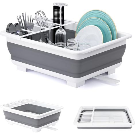 1 Égouttoir à vaisselle pliable, PP+TPR antidérapant, compartiment couverts, séchage rapide, cuisine camping caravan (1/5)