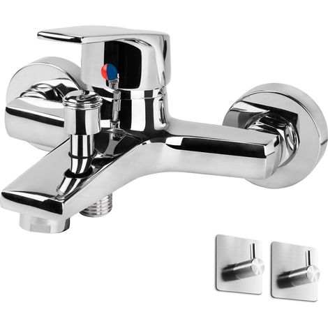 Mitigeur de Baignoire Robinet de Douche Laiton - Cartouche Céramique, Réglage Température Eau Chaude/Froide pour Salle de Bain avec Crochet de Rangement (Chrome)-No Douchette (1/5)