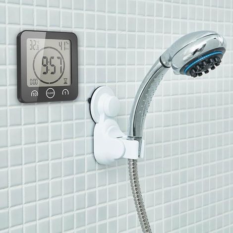 Badezimmeruhr, digitaler LCD-Wecker mit wasserdichter Touch-Funktion für Dusche, Temperatur- und Feuchtigkeitsanzeige, Countdown-Timer, 3 Montagemöglichkeiten, batteriebetrieben (Schwarz) (1/4)