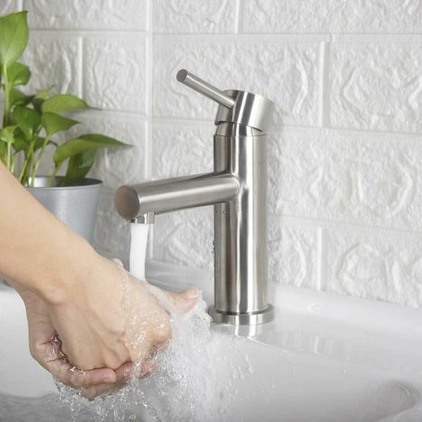 Robinet de lave-mains Mitigeur De Lavabo Monotrou En Acier Inoxydable, Chaud Et Froid, Finition Brossée (1/4)