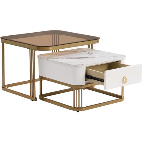 ELVMI Satztische Couchtisch mit 1 Schublade, Hochglanz Marmoroptik, fuer Wohnzimmer, aus MDF, Weiss und Gold (1/5)