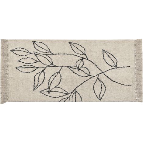 Alfombra de algodón beige claro negro 80 x 150 cm patrón floral flecos Sazli