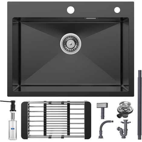 Cecipa 60×45×18 cm Lavello da Cucina Nero - Lavello a 1 Vasca con Cestello di Scarico + Dispenser Sapone Nero 300ML (1/5)