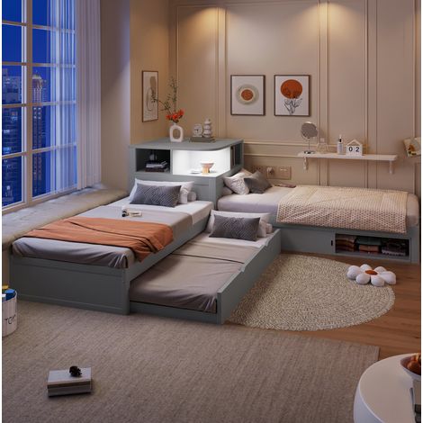 Cama infantil con almacenamiento de 90x200 cm con puertas correderas e iluminación LED, ahorra espacio, pino - gris (1/5)
