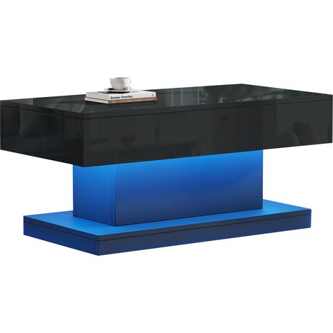 1005045cm Couchtisch, Wohnzimmertisch mit 2 Schubladen, Hochglanz Beistelltisch,kaffeetisch mit LED-Lichtleiste,Schwarzer Teetisch im schlichten Design (1/5)