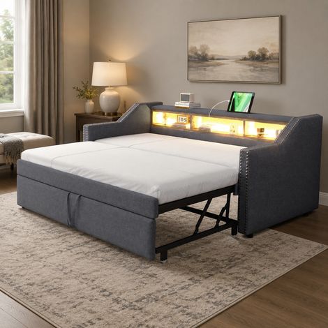 Canapé-lit 203.5x102x74 cm gris foncé en tissu avec lit gigogne, LED et USB (1/5)