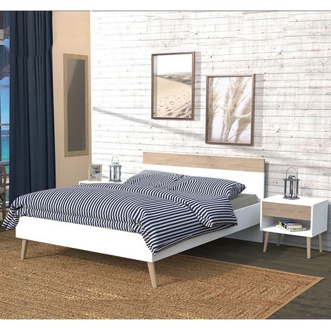 Le Quai Des Affaires – Lit adulte CAMPER 140x190 cm – Décor chêne blanchi et blanc – Structure en panneau de particules – Dimensions 195x146x80 cm (1/7)