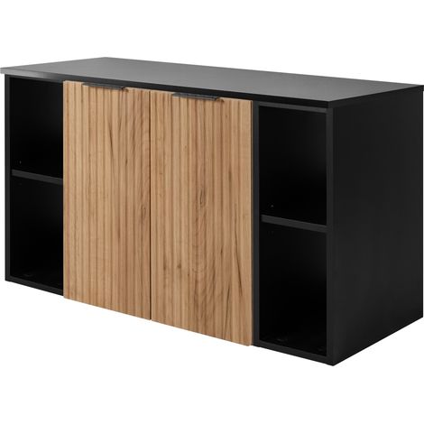Furnidea - Meuble sous vasque suspendu FLOW CHÊNE 120 cm avec 2 x l'étagères - extensions et plan NOIR - 2 portes - façades rainurées (1/5)
