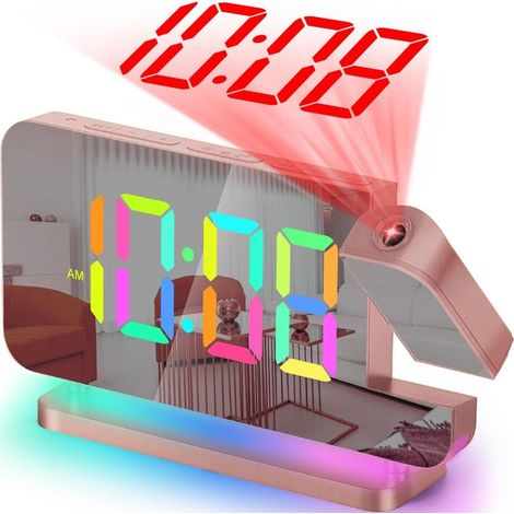 Réveil à projection, horloge numérique à miroir LED, capable de projeter l'heure sur les murs ou les plafonds, doté d'une veilleuse RVB, d'un port de chargement USB C et d'une fonction de gradation au (1/5)