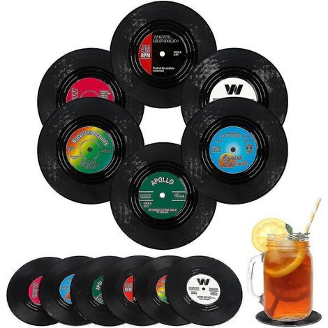 12 Glasuntersetzer, Vinyl-Schallplattenuntersetzer, Retro-Getränkeuntersetzer, runde Becher (1/5)