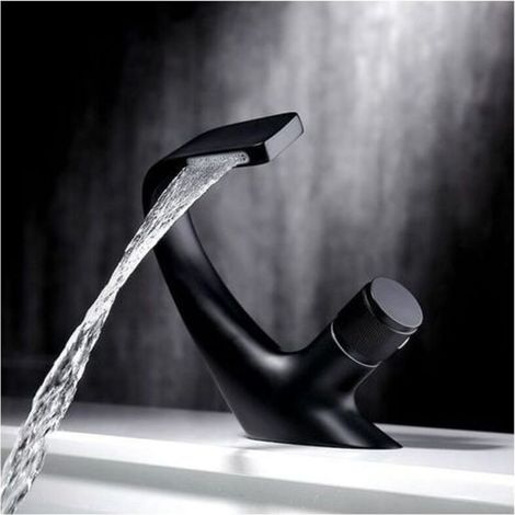Robinet de lavabo monotrou cascade, robinet d\'vier de salle de bain en laiton, robinet d\'vier de baignoire design de luxe (noir1813cm)