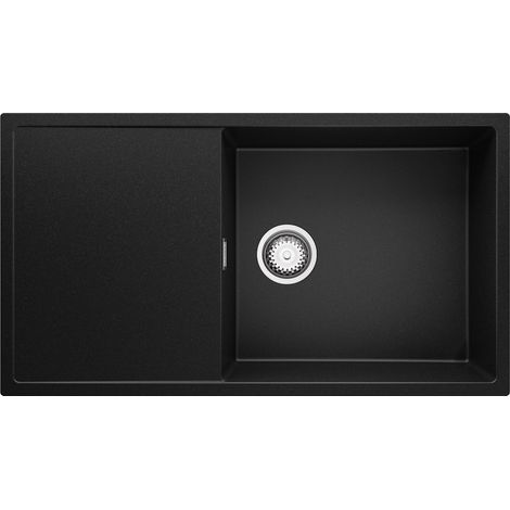 PRIMAGRAN Evier Cuisine en Granit 90x50cm, Lavabo 1 bac + Kit de Vidage, Évier à Encastrer au meuble 60cm - Ibiza, Noir