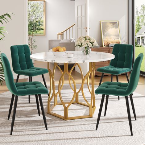 MEUBLIV Set tavolo rotondo 100 cm con 4 sedie in velluto verde scuro e metallo dorato (1/5)