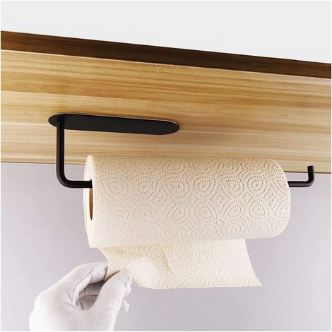 Porte-serviettes en papier de cuisine sous placard, support mural sous armoire, support de serviette en papier (sans perçage) pour salle de bain, support autocollant pour papier toilette, Noir (1/5)
