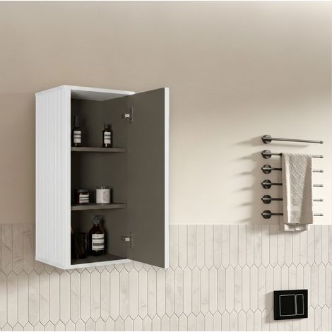 Armario de baño de pared, puerta push to open sin tirador, estantes interiores, diseño acanalado curvo, MDF blanco (1/5)