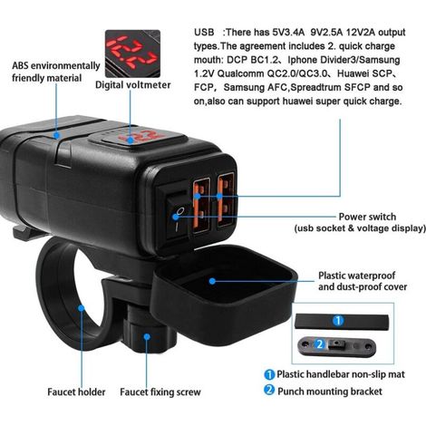 Chargeur de voiture pour moto, prise USB QC 3.0 et voltmètre LED 6-30 V, adaptateur USB pour moto étanche IP65 MNS (1/4)