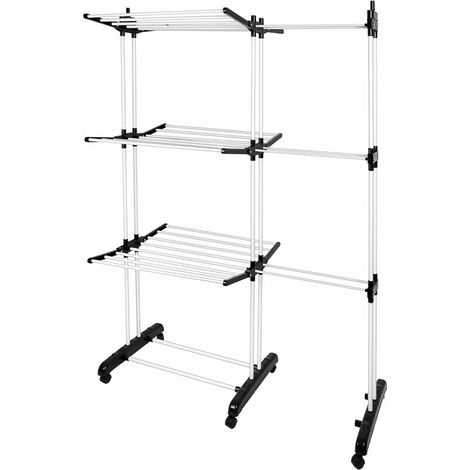 Séchoir À Linge - Extensible 75-142 5 X 64 X 170 Cm - 6 Roues Pivotantes Avec Frein - Charge Max 40 Kg - Noir