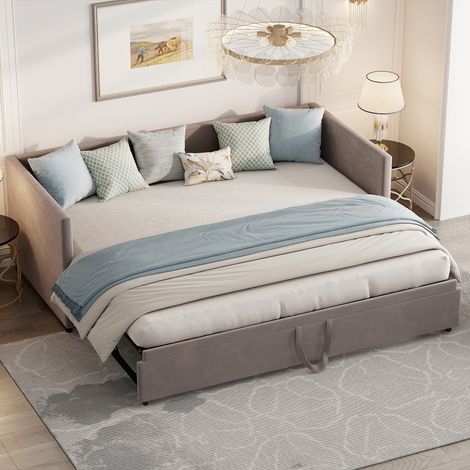BLANKETSWARM - Canapé lit convertible 2 places 90/180 x 200 cm, Lit gigogne adulte avec sommier à lattes, Canapé-lit gigogne, Extensible, Tissu velours, Sans matelas, Gris (1/5)