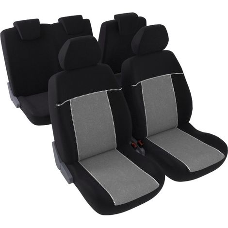 Jeu complet de housses de sièges - Universelles - Voiture/Auto - Lavable - Avant / Arrière 2/3-1/3 - Tissu noir / gris avec surpiqure blanche