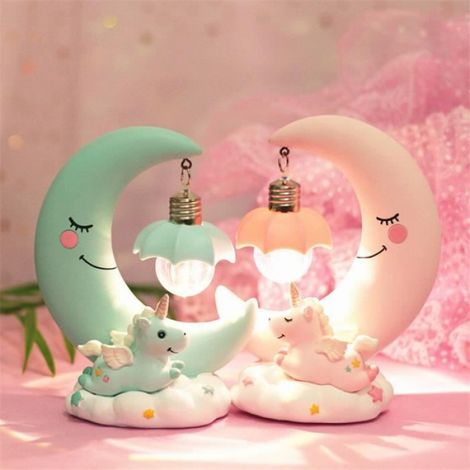 LED Veilleuse résine Lune Licorne Dessin Animé Bébé Lampe de chevet Enfants Enfant Fille Jouet Cadeau De Noël(Rose) (1/4)