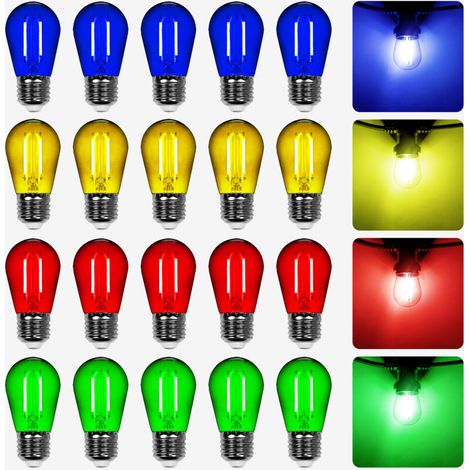Lot de 20 Ampoules Led filament Dimmable Multicolores conçues pour Guirlande Guinguette IP65 2W - Ampoule Led E27 Multicolores - Ampoule 5cm pour Guirlande Guinguette Culot E27 Multicolores