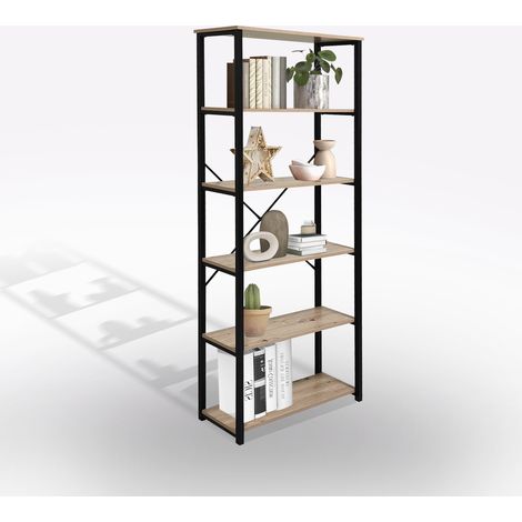 LIBRERIA IN LAMINATO E METALLO CM 80X30 H. 180 ROVERE NODATO E NERO (1/5)