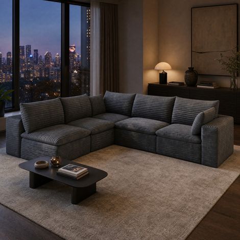 Sofá esquinero modular 260x250x82 cm en tejido acanalado gris oscuro, sin montaje – MEUBLIV (1/5)