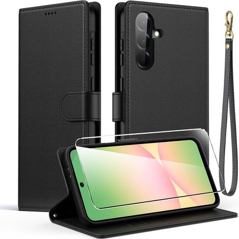 Coque pour Samsung Galaxy A56 5G avec 1 Morceau de Verre trempé, Housse en Cuir PU Premium, Étui à Rabat pour téléphone avec Fonction Portefeuille et Support - Noir (1/5)