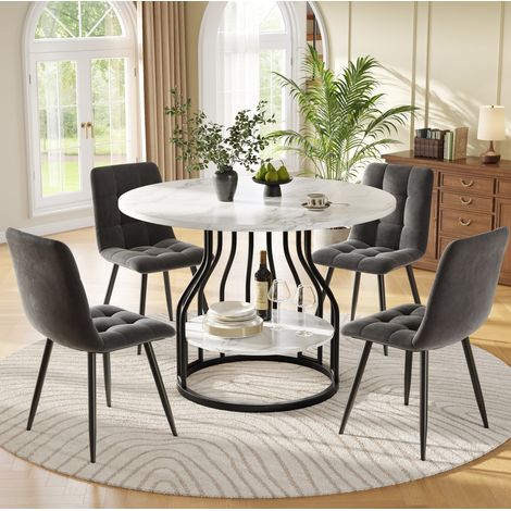 Esstisch-Set (5-teilig), Esstisch-Set mit 4 Stühlen, Modernes Küchen-Esstisch-Set, Runder Küchentisch mit Durchmesser 80 cm, Schwarze Metallbeine, MDF-Marmor-Tischplatte, Graue Samt-Esszimmerstühle (1/5)