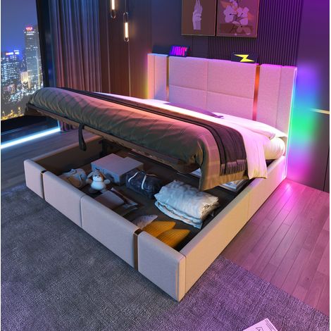 Cama con espacio de almacenamiento tapizada en lino beige 140x200 cm con LED, USB y Tipo-C, somier incluido (1/5)