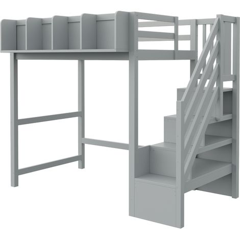 Cama alta 90 x 200 cm gris con barreras de seguridad, estantes, LED y escalera, madera (1/5)