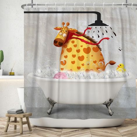 Rideau de Douche drôle 180x200 cm, Fond Vintage Girafe drôle Canard de Bain Enfants Lavables Textile Rideau de Bain imperméable pour Baignoire avec 12 Crochets (1/5)