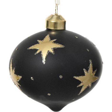 Kaemingk – Boule de Noël forme oignon noir mat avec étoiles dorées – Verre, Ø 8 cm