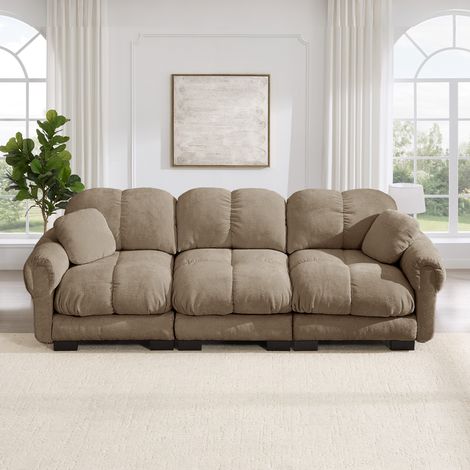 Canapé modulable 3 places en chenille marron avec 2 coussins décoratifs (1/5)