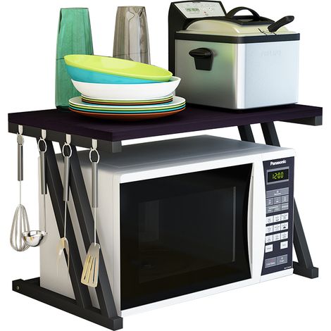 Skecten Soporte para microondas, Balda de cocina de 2 niveles, con 4 ganchos,Negro - Z (1/5)