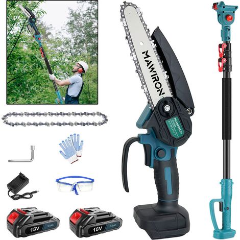 2-in-1-Bürstenlose Akku-Kettensäge, Beschneiden mit großer Reichweite, Mini-Kettensäge mit 2 Ketten, 2 x 3,0-A-Akku + Ladegerät, kompatibel mit Makita-Akku