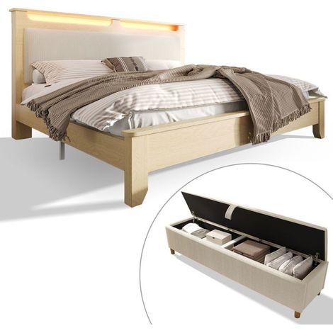 Lit coffre - SOGEU - 160x200 - Coffre XL - Tête de lit LED intégrée - Banquette rangement beige (1/5)