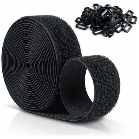 Bridas de velcro reutilizables de 10 m x 25 mm, bridas ajustables con 50 bucles de plástico, bridas de velcro de nailon negro sin necesidad de cortar.