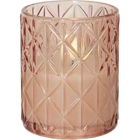 Star Trading Bougie Flamme Romb, récipient en verre rose, cire blanche, LED, minuterie, blanc chaud, 12,5 cm