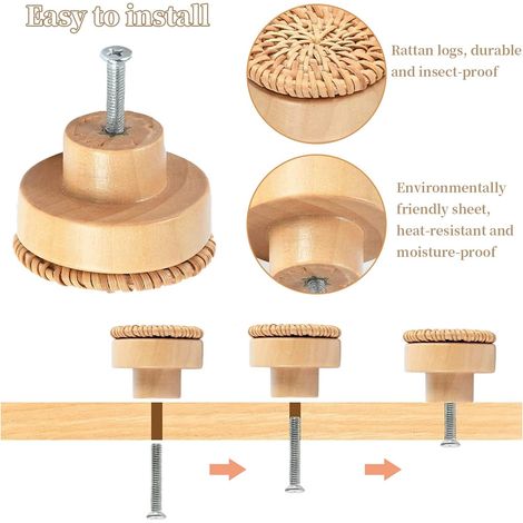 8 Pièces Bouton Cuisine de Placard En Rotin PoignéE de Meuble Cuisine Boutons de Porte Meuble Tiroir Placard, Tiroir Enbois Ronds Pour Cusine Chambre Commode Placard Porte Remplacement (1/4)