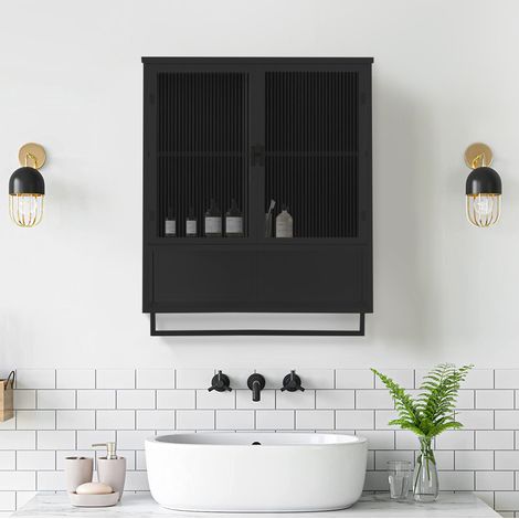 Armario de pared de 60 cm con 2 puertas de vidrio y metal negro, estante y toallero (1/5)