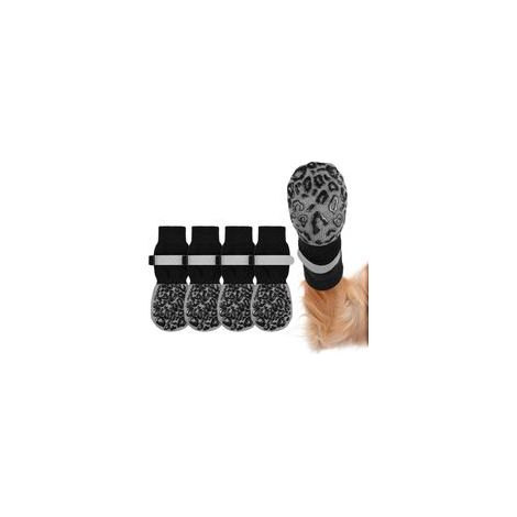 Chaussettes Antidérapantes pour Chien, Imprimé Léopard Noir, 2 Paires Chaussette Chien, Réglables, Protège-Pattes avec Double Face, Chaussettes pour Petits Chiens, Chiens Moyens, Chats(L)