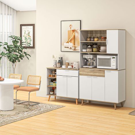 Armoire de cuisine meuble de rangement 4 portes 1 tiroir design scandinave 98 x 39 x 180 cm blanc et naturel