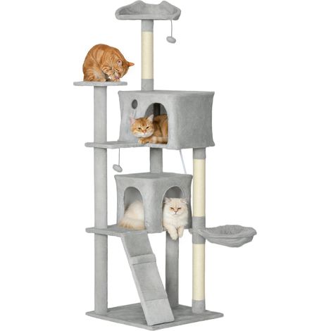 PawHut árbol rascador para gatos 180 cm, con múltiples plataformas, cama, 2 cuevas, hamaca, escalera, postes de sisal, bolas para jugar, gris claro