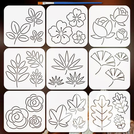 9PCS Pochoirs Peinture Sashiko 15x15cm avec un Pinceau Pochoirs Thème Plantes Feuilles de Ginkgo Feuilles d'Érable Fleurs Modèle de Dessin pour Artisanat DIY sur Bois Mur Meuble (1/5)