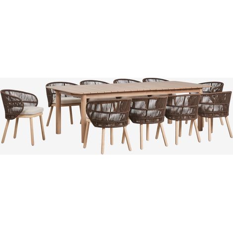 Set de table rectangulaire extensible Duala 250-310x105 cm et 10 chaises de jardin en bois d'acacia et corde tressée Capri SKLUM Marron Chocolat